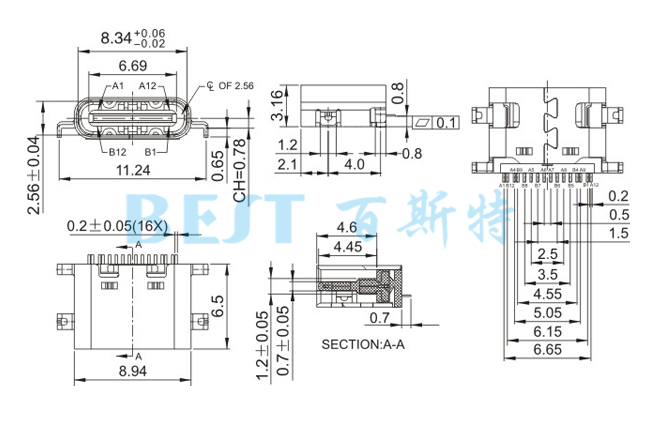 USB插座USB-C-08 16PIN沉闆_參考圖紙